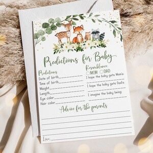 Prédictions des bois pour bébé, jeu de cartes-conseils Les animaux de la forêt invitent une verdure neutre en matière de genre Floral imprimable en téléchargement numérique A524
