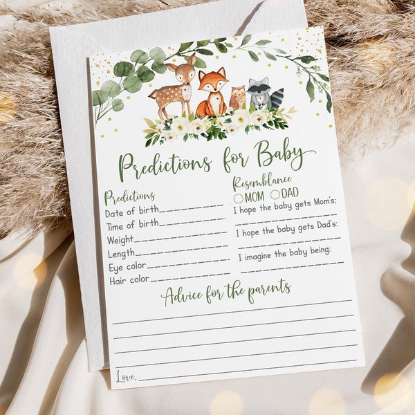 Woodland Predictions For Baby Game Advice Cards Woodland Animals Invite Gender Neutral Greenery Floral Printable Digital Download A524