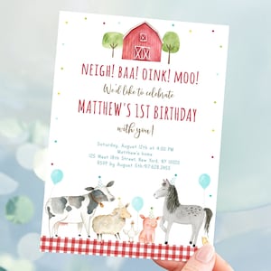 Editable Farm Birthday Invitation Farm Animals Birthday Invite Barnyard Boy Farm Party Farm Animals with Balloons Digital Download A629