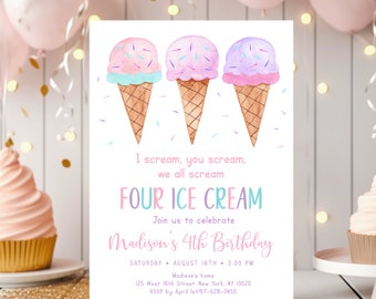 Editable Ice Cream Birthday Invitation I scream You Scream We All Scream Four Ice Cream 4th Birthday Invite Pink Ice Cream Party A673