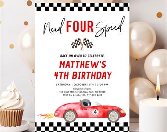 Invitación de cumpleaños editable de coche de carreras de cuatro velocidades, invitación para el cuarto cumpleaños de un coche de carreras, fiesta de carreras, coche de carreras rojo digital A688