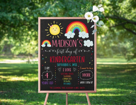 Editable First Day of Kindergarten Sign Rainbow First Day of School Sign Pink Gold Rainbow Sun Clouds Chalkboard Back To School Sign DIGITAL Il_570xn
