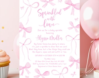 Pink Bow Baby Sprinkle Invitation, Sprinkled with Love, Coquette Girl Sprinkle, Editable Digital A795