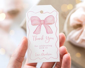Etiqueta de agradecimento de aniversário com laço rosa editável, etiqueta de lembrancinha, festa com laço rosa, laço em aquarela, fita rosa minimalista, primeiro aniversário de menina A742