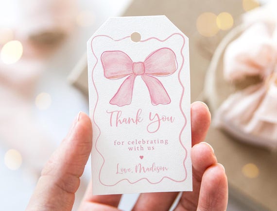 Editable Pink Bow Birthday Thank You Tag, Favor Tag, Pink Bow Party, Watercolor Bow, Minimalist Pink Ribbon, Girl First Birthday A742