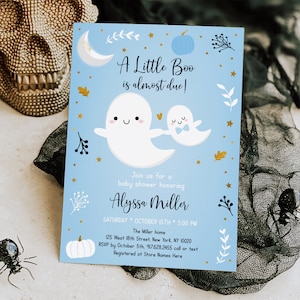 Editable Little Boo Baby Shower Invitation Little Boo Is Almost Due Blue Boy Ghost Pumpkin Halloween Baby Shower Invite Download A637