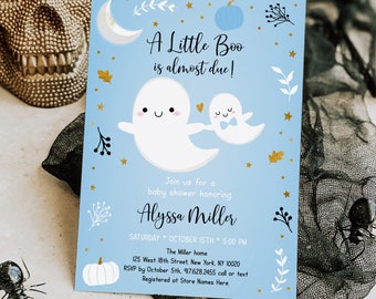 May include: A blue and white baby shower invitation with a ghost and pumpkin design. The text reads "A Little Boo is almost due!" and includes the date and time of the event. The invitation also includes the address and RSVP information.