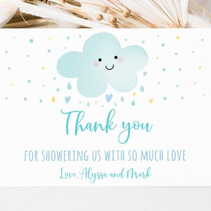 Carte de remerciement modifiable pour bébé, saupoudrer de nuage bleu, gouttes de pluie arc-en-ciel, garçon, saupoudrer de baby shower, téléchargement immédiat A592