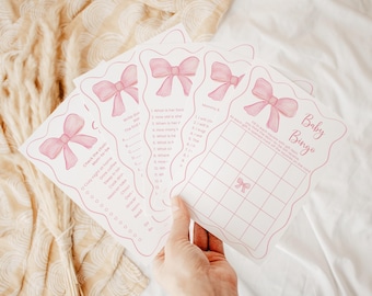 Paquete de juegos para baby shower con lazo rosa, 15 juegos, coqueta, rosa rubor, niña, descarga digital editable A742
