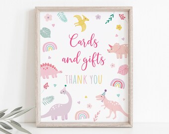 Tarjetas de dinosaurio rosa y regalos signo de cumpleaños, cumpleaños de dinosaurio boho, fiesta de dinosaurios de niña, dinosaurios pastel, descarga digital imprimible A736