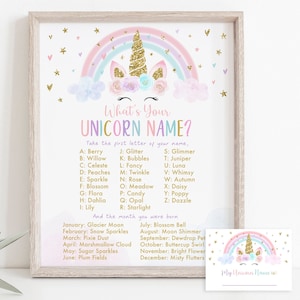 What's Your Unicorn Name Game Unicorn Birthday Rainbow Unicorn Pink Gold Pastel Floral Unicorn Party Printable Digital Download A582