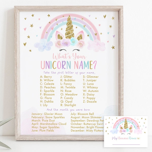 What's Your Unicorn Name Game Unicorn Birthday Rainbow Unicorn Pink Gold Pastel Floral Unicorn Party Printable Digital Download A582