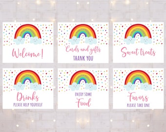 Set di 6 cartelli da tavolo modificabili per compleanno arcobaleno, festa arcobaleno, arcobaleno rosa e oro, arcobaleno e nuvole, stampabili, download digitale A530