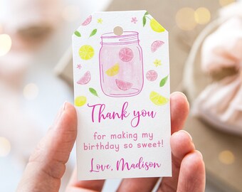 May include: Pink and yellow thank you tag with a watercolor illustration of a mason jar filled with pink lemonade. The tag says "Thank you for making my birthday so sweet! Love, Madison."