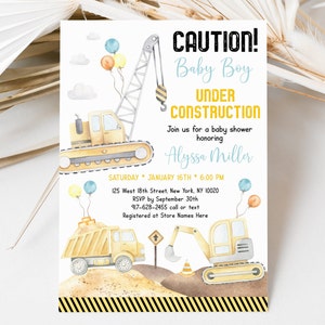 Editable Construction Baby Shower Invitation Construction Trucks Dump Truck Digger Baby Under Construction Printable Digital A665