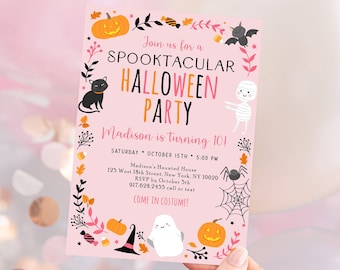 May include: A pink Halloween party invitation with the text "Join us for a Spooktacular Halloween Party". The invitation includes illustrations of a black cat, pumpkin, bat, mummy, spider, and ghost. The text says "Madison is turning 10!"