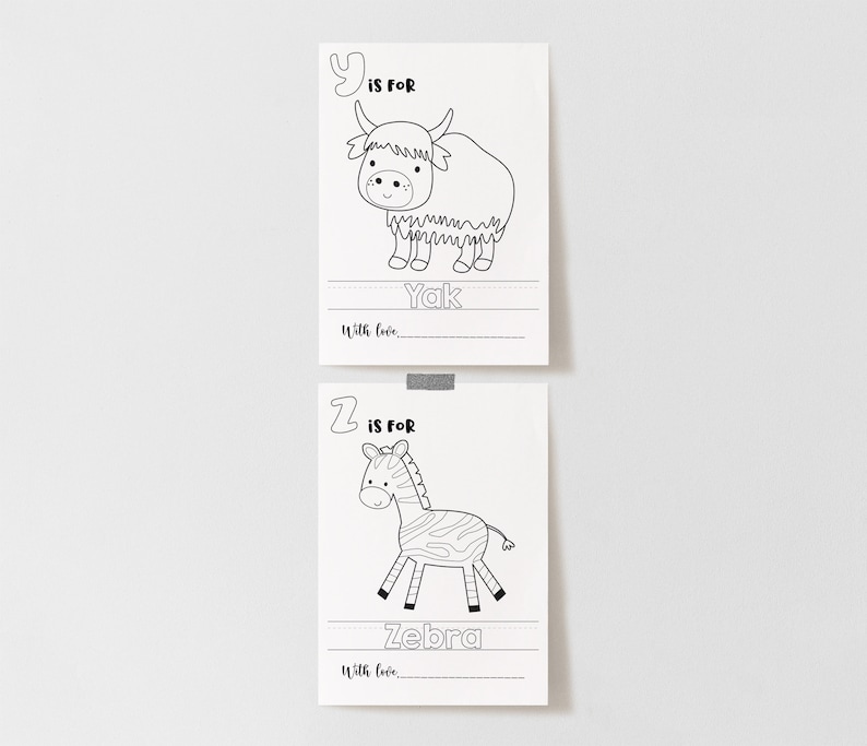 May include: Black and white printable coloring pages featuring the letters Y and Z with illustrations of a yak and a zebra. The pages include the text "Y is for Yak" and "Z is for Zebra" with lines for writing the words and a space for a signature.