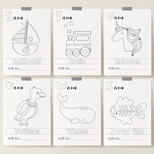 May include: Black and white printable alphabet flashcards featuring illustrations of a sailboat, train, unicorn, vulture, whale, and x-ray fish. Each card includes the letter, the word, and the phrase "With love."