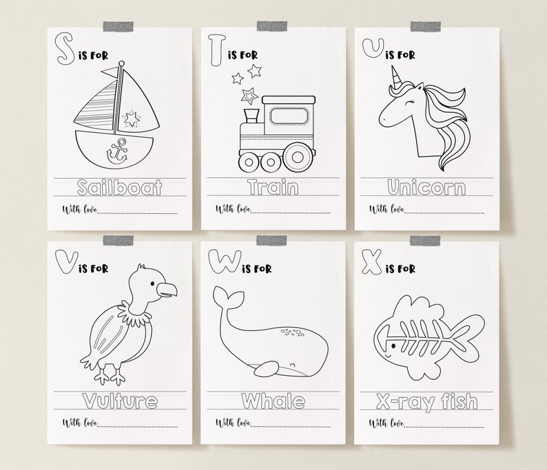 May include: Black and white printable alphabet flashcards featuring illustrations of a sailboat, train, unicorn, vulture, whale, and x-ray fish. Each card includes the letter, the word, and the phrase "With love."