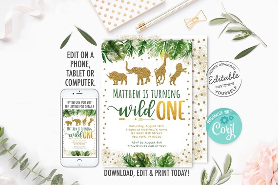 EDITABLE Wild One Birthday Invitation, Gold Safari Birthday Invite, Boy Safari, Safari Animals, Jungle Animals, Printable, Digital A476 Il_570xn