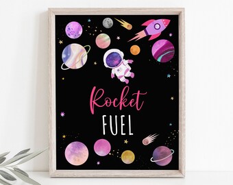 Space Rocket Fuel Anniversaire Boissons Signe Pink Girl Astronaut Galaxy Planet Outer Space Party Moon Stars Rocket Ship Printable Digital A654