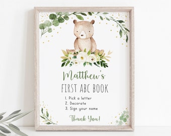 Editable Bear Baby Shower Coloring Sign ABC Book Sign Arts & Crafts Sign Baby Bear Greenery Gold Gender Neutral Digital Download A602
