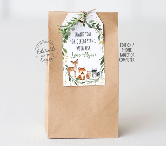 EDITABLE Woodland Favor Tags Thank You Tags Woodland Baby Shower Woodland Animals Forest Animals Greenery Printable Instant Download A524 Il_570xn