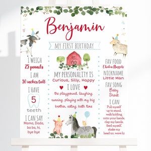 Editable Farm Birthday Milestone Poster Farm 1st Birthday Boy Barnyard Party Farm Animal Printable Digital, Instant Download Corjl A511