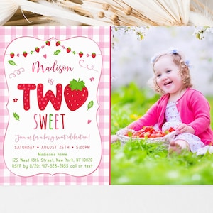 Editable Two Sweet Strawberry Birthday Invitation Berry Sweet Strawberry Party Girl Second Birthday Printable Digital Download A542