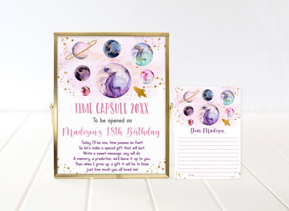 Editable Outer Space Birthday Time Capsule First Birthday Pink Gold Galaxy Planets Girls Outer Space Party Solar System Printable A586 Il_570xn