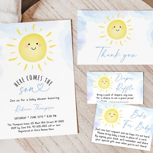 Pacote de convites para chá de bebê Sunshine editável Here Comes The Son Sunshine Clouds Baby Shower Boy Blue Sun Fralda Raffle Book Card A600