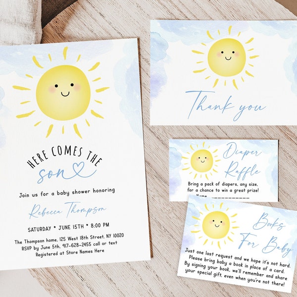 Editable Sunshine Baby Shower Invitation Bundle Here Comes The Son Sunshine Clouds Baby Shower Boy Blue Sun Diaper Raffle Book Card A600