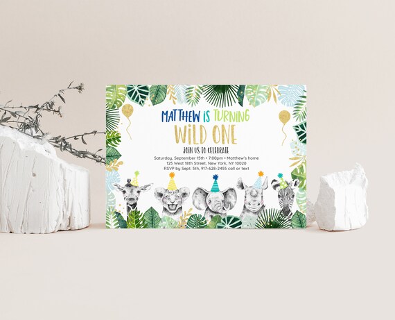 EDITABLE Wild One Birthday Invitation Safari Birthday Gold Safari Animals Boy Safari Party Jungle Zoo Animals Printable Digital A557 Il_570xn