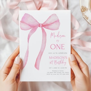 Pink Bow 1st Birthday Invitation, Girls Just Wanna Be One Invite, Pink Coquette Bow, 1st Birthday Girl, Editable Digital A764