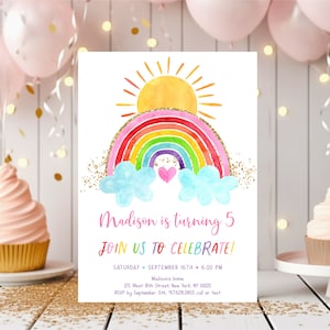Invitación de cumpleaños arcoíris, sol y nubes (edición digital) A661