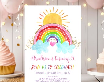 Rainbow Birthday Invitation, Sunshine and Clouds (Editable Digital) A661