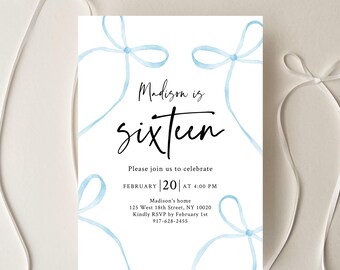 Blue Bow Coquette 16th Birthday Invitation, Blue Bow Sweet Sixteen Birthday Invite, Minimalist Fancy Bow, Editable Digital Download A762