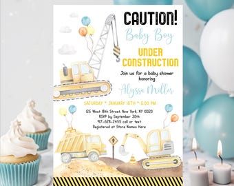 Invitación editable para baby shower de construcción: Camiones de construcción, camión volquete, excavadora, bebé en construcción, imprimible digital A665