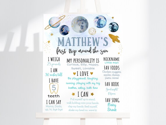 Editable Outer Space Birthday Milestone Sign First Trip Around The Sun Blue Gold Galaxy Planets Party Rocket Ship Printable Digital A631 Il_570xn