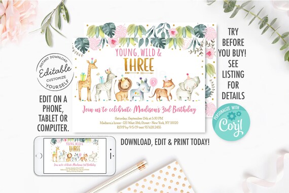 EDITABLE Young Wild and Three Invitation Girl Pink and Gold Safari Animals Zoo Animals Digital Printable Instant Download Template A517 Il_570xn