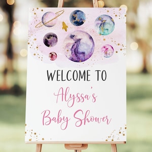 Editable Space Baby Shower Welcome Sign Pink Gold Galaxy Planets Outer Space Moon Solar System Girl Baby Shower Instant Download A586