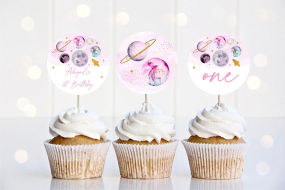Editable Galaxy Cupcake Toppers Pink Gold Girl Galaxy Planets Rocket Ship Outer Space Moon Solar System Printable Instant Download A631 Il_570xn
