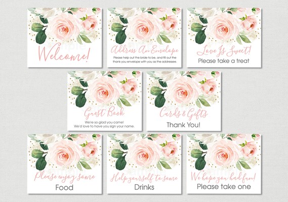 Blush Pink Floral Bridal Shower Signs / Blush & Gold Floral Bridal Shower / Gold Confetti / Set of 8 PRINTABLE Table Signs B138 Il_570xn