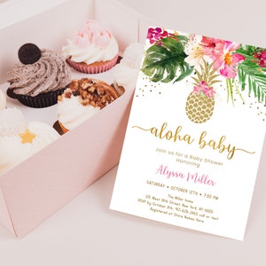Editable Pineapple Baby Shower Invitation Tropical Floral Aloha Baby Gold Pineapple Pink Floral Printable Digital Instant Download A494 image 3