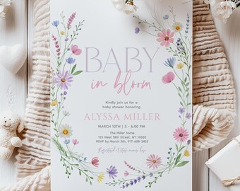 Baby In Bloom Invitation, Delicate Wildflowers Baby Shower Invite, Floral Wreath, Editable Digital A797