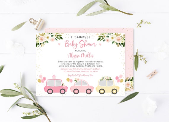 EDITABLE Drive By Baby Shower Invitation Pink Floral Baby Girl Shower Quarantine Drive Through Printable Digital Instant Download DB1 Il_570xn