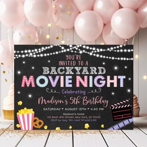 Editable Backyard Movie Night Birthday Invitation Movie Under the Stars Girls Outdoor Backyard Movie Party Popcorn Digital Download A555