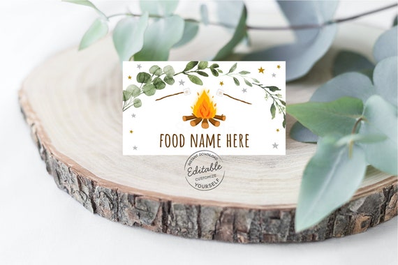 EDITABLE S'mores Tent Cards Food Labels Place Cards S'more Birthday S'mores Party Camping Campfire Bonfire Greenery Digital Printable A520 Il_570xn