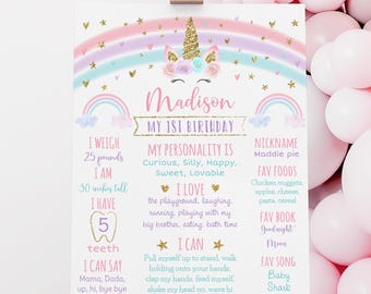 Editable Unicorn Birthday Milestone Poster Rainbow Unicorn Pink Gold Pastel Unicorn Floral First Birthday Printable Instant Download A582