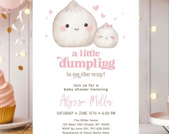 Dumpling Baby Shower Invitation, Little Dumpling on the way, Pink Girl Baby Shower Invite, Dim Sum Baby Shower, Editable Template, A779